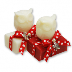 Schafmilchseife eckig 100g dekoriert mit Seife Eule 50g, Classic/Granatapfel 