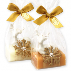 Schafmilchseife eckig 100g dekoriert mit Hirsch in Cello, Classic/Quitte 