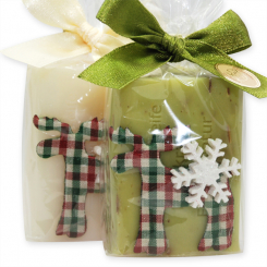 Schafmilchseife eckig 100g dekoriert mit Rentier Karo in Cello, Classic/Eisenkraut 