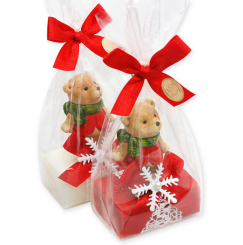 Schafmilchseife eckig 100g dekoriert mit Bär in Cello, Classic/Granatapfel 