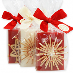 Schafmilchseife eckig 100g dekoriert mit Strohstern in Cello, Classic/Granatapfel 