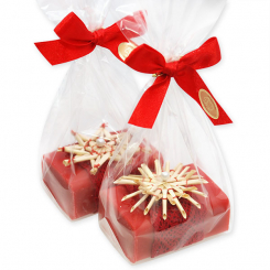 Schafmilchseife eckig 100g dekoriert mit Strohstern in Cello, Granatapfel 