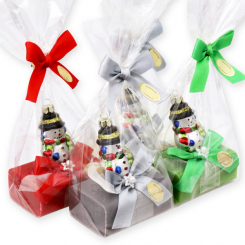 Schafmilchseife eckig 100g dekoriert mit Glas-Schneemann in Cello, sortiert 