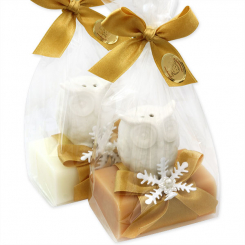 Schafmilchseife eckig 100g dekoriert mit Eule in Cello, Classic/Quitte 