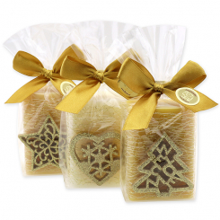 Schafmilchseife eckig 100g dekoriert mit Weihnachtsmotiv in Cello, Classic/Zirbe 