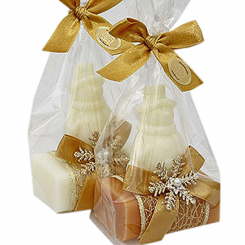 Schafmilchseife eckig 100g dekoriert mit Seife Schneemann 40g in Cello, Classic/Quitte 