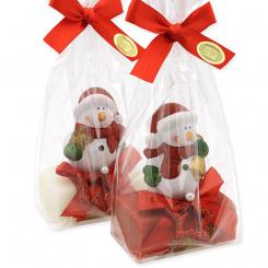Sheep milk soap 100g decorated with a snowman in a cellophane, Classic/pomegranate 