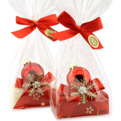 Schafmilchseife eckig 100g dekoriert mit Weihnachtskugel in Cello, Classic/Granatapfel 