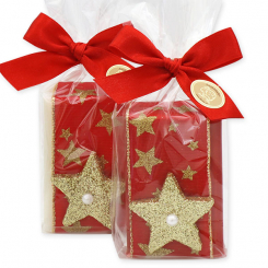 Schafmilchseife eckig 100g dekoriert mit Stern in Cello, Classic/Granatapfel 