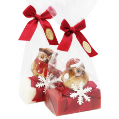 Schafmilchseife eckig 100g dekoriert mit Eule in Cello, Classic/Granatapfel 