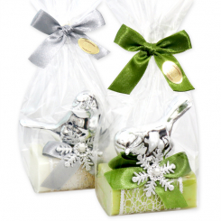 Schafmilchseife eckig 100g dekoriert mit Vogel in Cello, Classic/Eisenkraut 