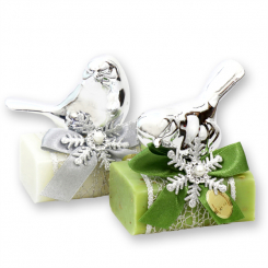 Schafmilchseife eckig 100g dekoriert mit Vogel, Classic/Eisenkraut 