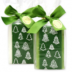 Schafmilchseife eckig 100g dekoriert mit Dekoband Tannenbaum in Cello, Classic/Eisenkraut 