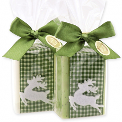 Schafmilchseife eckig 100g dekoriert mit Filzhirsch in Cello, Classic/Eisenkraut 