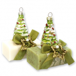 Schafmilchseife eckig 100g dekoriert mit Glasbaum, Classic/Eisenkraut 