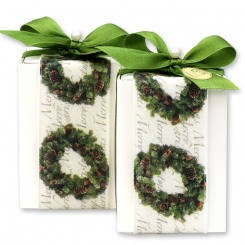 Schafmilchseife eckig 100g verpackt in Schachtel dekoriert mit Dekoband Kranz, Classic/Eisenkraut 