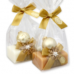 Schafmilchseife eckig 100g dekoriert mit Glaskugel in Cello, Classic/Quitte 