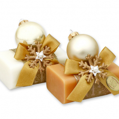 Schafmilchseife eckig 100g dekoriert mit Glaskugel, Classic/Quitte 