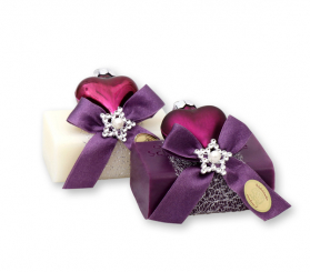 Schafmilchseife eckig 100g dekoriert mit Herz-Glashänger, Classic/Holunder 