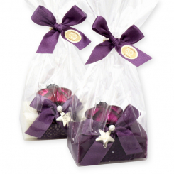 Schafmilchseife eckig 100g dekoriert mit Stern-Glashänger in Cello, Classic/Holunder 