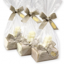 Schafmilchseife eckig 100g dekoriert mit Seifenengel 20g in Cello, sortiert 