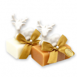 Schafmilchseife eckig 100g dekoriert mit Hirsch, Classic/Quitte 