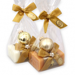 Schafmilchseife eckig 100g dekoriert mit Glaskugel in Cello, Classic/Quitte 