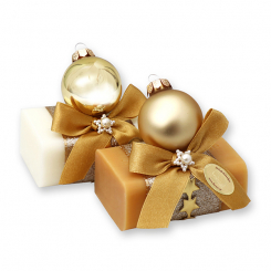 Schafmilchseife eckig 100g dekoriert mit Glaskugel, Classic/Quitte 