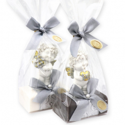 Sheep milk soap 100g decorated with an angel-Igor in a cellophane, Christmas rose white/silver 