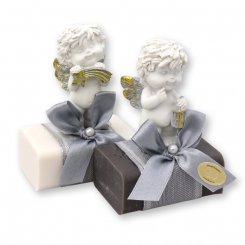 Schafmilchseife eckig 100g dekoriert mit Engel-Igor, Schneerose/Christrose 