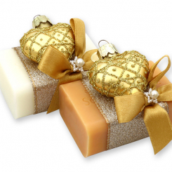 Schafmilchseife eckig 100g dekoriert mit Herz-Glashänger, Classic/Quitte 