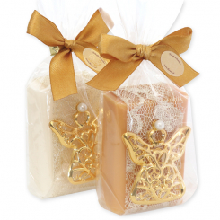 Schafmilchseife eckig 100g dekoriert mit Engel gold in Cello, Classic/Quitte 