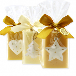 Schafmilchseife eckig 100g dekoriert mit Weihnachtsmotiv in Cello, Classic/Zirbe 