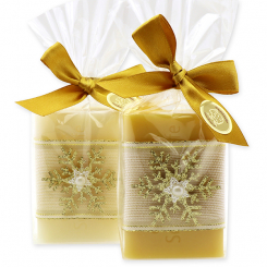 Schafmilchseife eckig 100g dekoriert mit Schneeflocke in Cello, Classic/Zirbe 