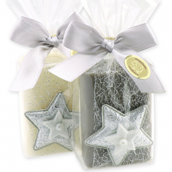 Schafmilchseife eckig 100g dekoriert mit Sterne in Cello, Classic/Christrose 