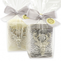 Schafmilchseife eckig 100g dekoriert mit Hirschkopf in Cello, Classic/Christrose 