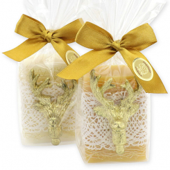 Sheep milk soap 100g decorated with a deer head in a cellophane, Classic/swiss pine 