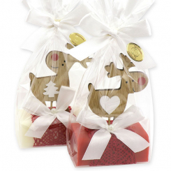 Schafmilchseife eckig 100g dekoriert mit Hirsch in Cello, Classic/Granatapfel 