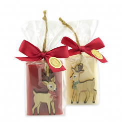 Sheep milk soap 100g deocrated with a deer in a cellophane bag, Classic/pomegranate 