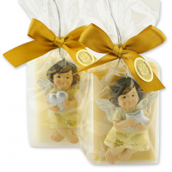 Schafmilchseife eckig 100g dekoriert mit Engel verpackt in Cello, Classic/Zirbe 