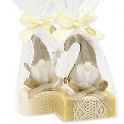 Sheep milk soap 100g decorated with a gnome in a cellophane bag, Classic/Swiss pine 