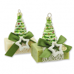 Schafmilchseife eckig 100g dekoriert mit Glasbaum, Classic/Eisenkraut 