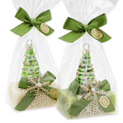 Schafmilchseife eckig 100g dekoriert mit Glasbaum in Cello, Classic/Eisenkraut 