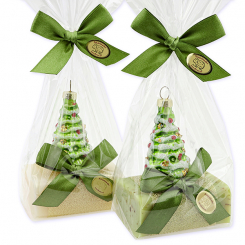 Schafmilchseife eckig 100g dekoriert mit Glasbaum in Cello, Classic/Eisenkraut 