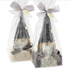 Sheep milk soap 100g decorated with a gnome in a cellophane, Classic/Christmas rose silver 