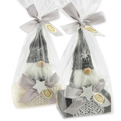 Schafmilchseife eckig 100g dekoriert mit Wichtel in Cello, Classic/Christrose 