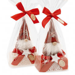 Sheep milk soap 100g deocrated with a gnome in a cellophane bag, Classic/pomegranate 