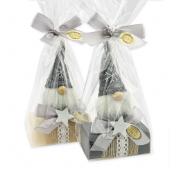 Schafmilchseife eckig 100g dekoriert mit Wichtel in Cello, Classic/Christrose 