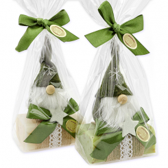 Schafmilchseife eckig 100g dekoriert mit Wichtel in Cello, Classic/Eisenkraut 