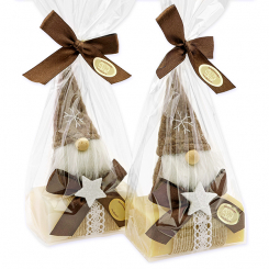 Schafmilchseife eckig 100g dekoriert mit Wichtel in Cello, Classic/Zirbe 